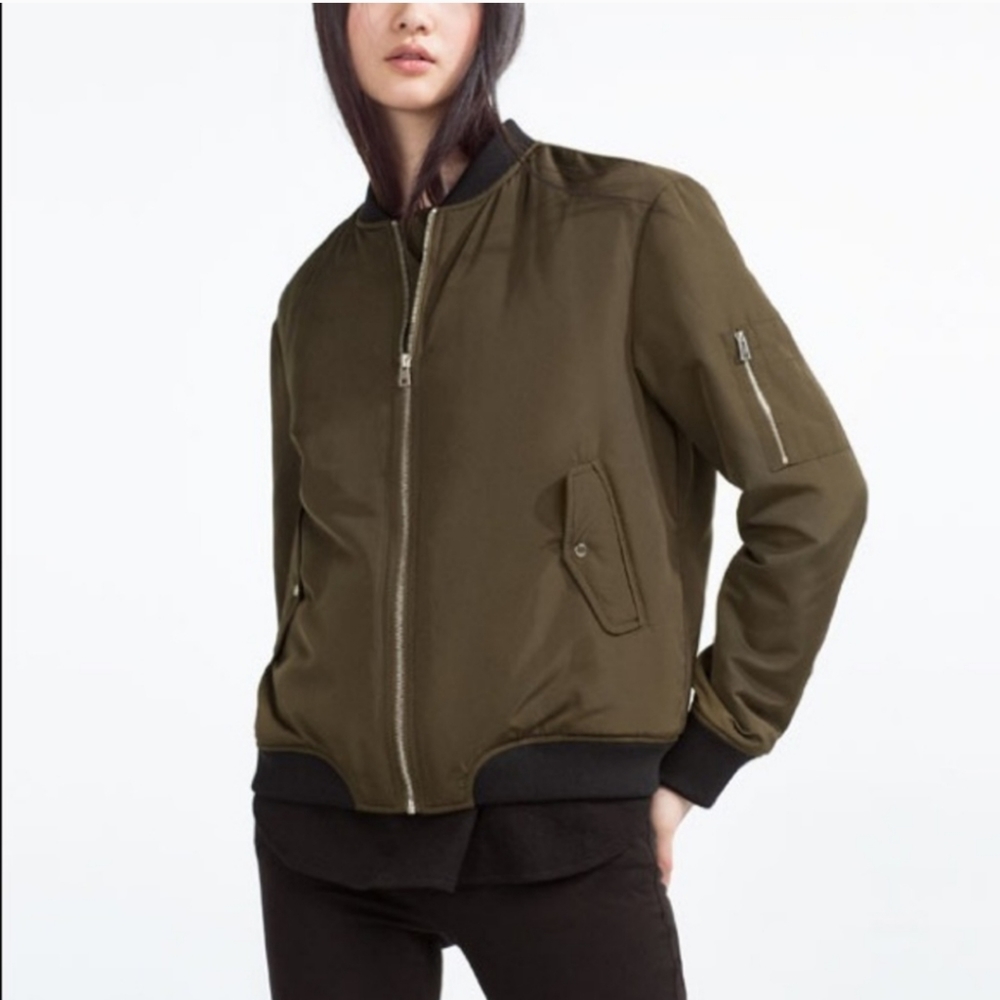 Zara TRF Outerwear Women’s  Olive Nylon Bomber Jacket Full Zip. Size Medium
